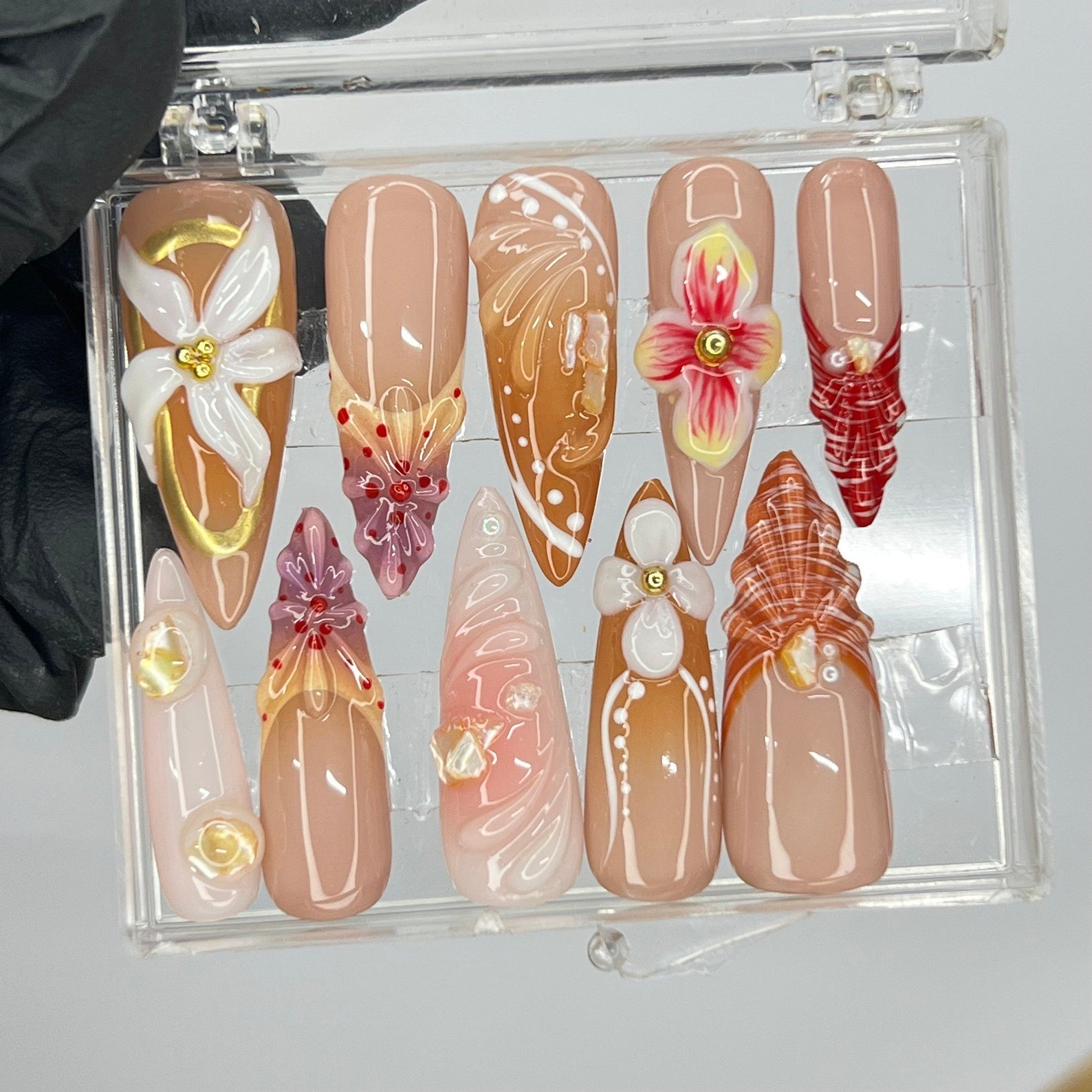 Floral Handmade 3D Flower Long Almond Press On Nails