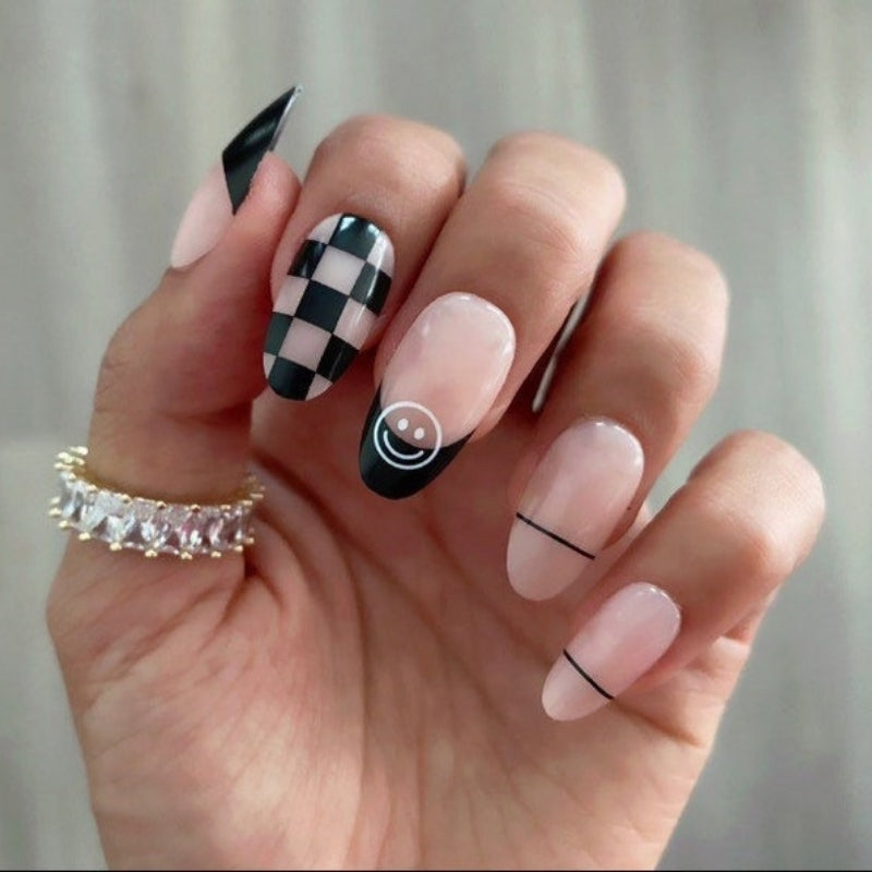 Black Checker Smile Oval Press On Nails