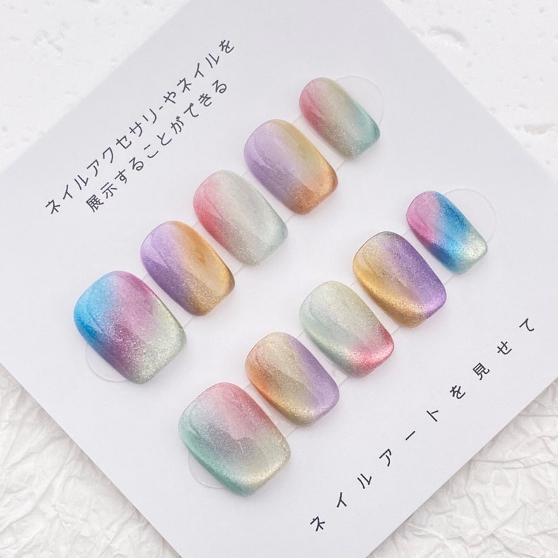 Handmade Rainbow Candy Ombre Cute Short Cat Eye Nail | Summer Bright Colorful Nail