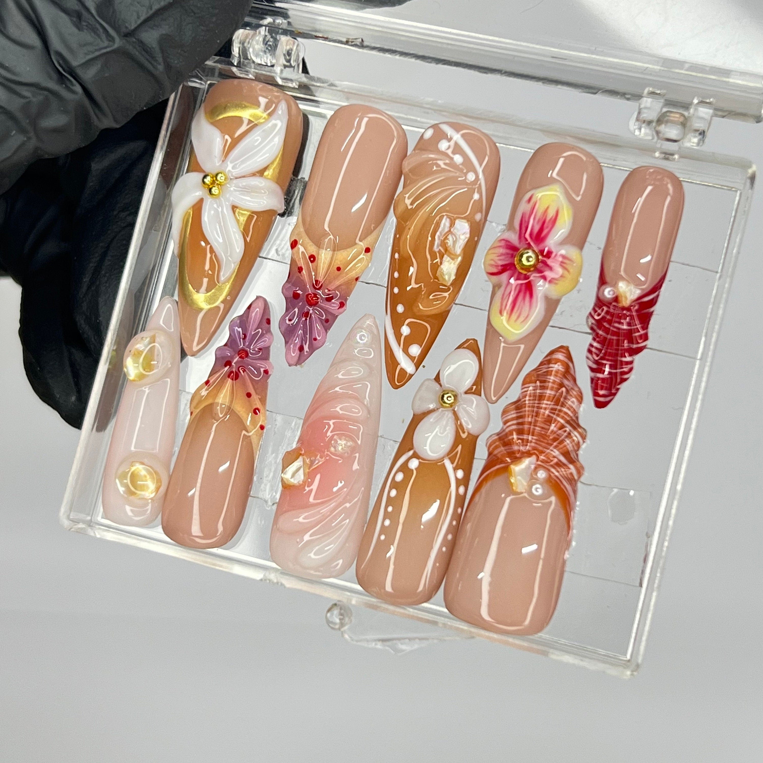 Floral Handmade 3D Flower Long Almond Press On Nails