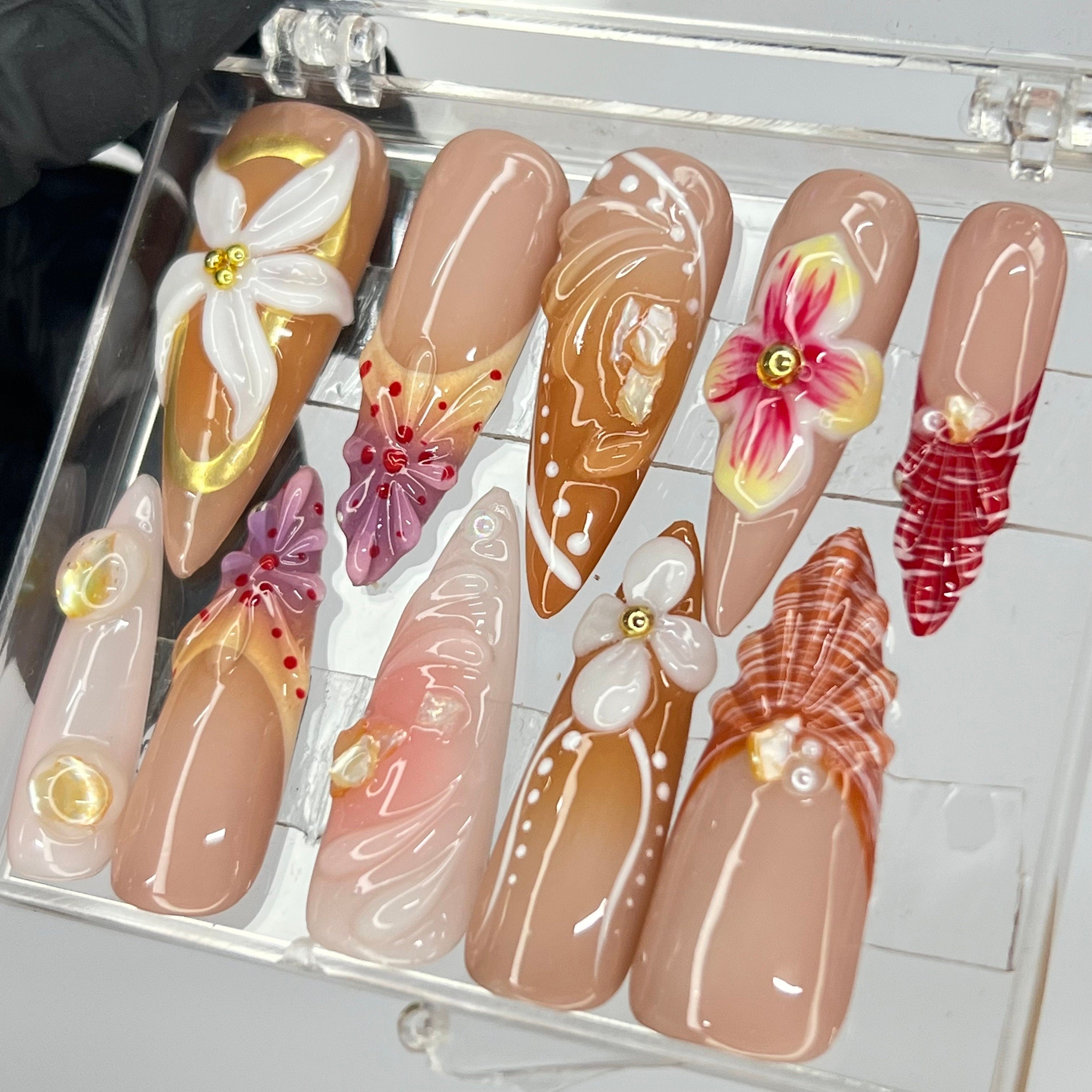 Floral Handmade 3D Flower Long Almond Press On Nails